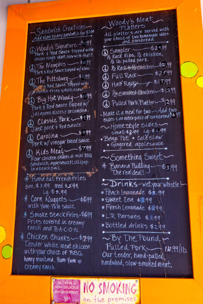 Woody's 2021 BBQ menu in Chincoteague, VA.