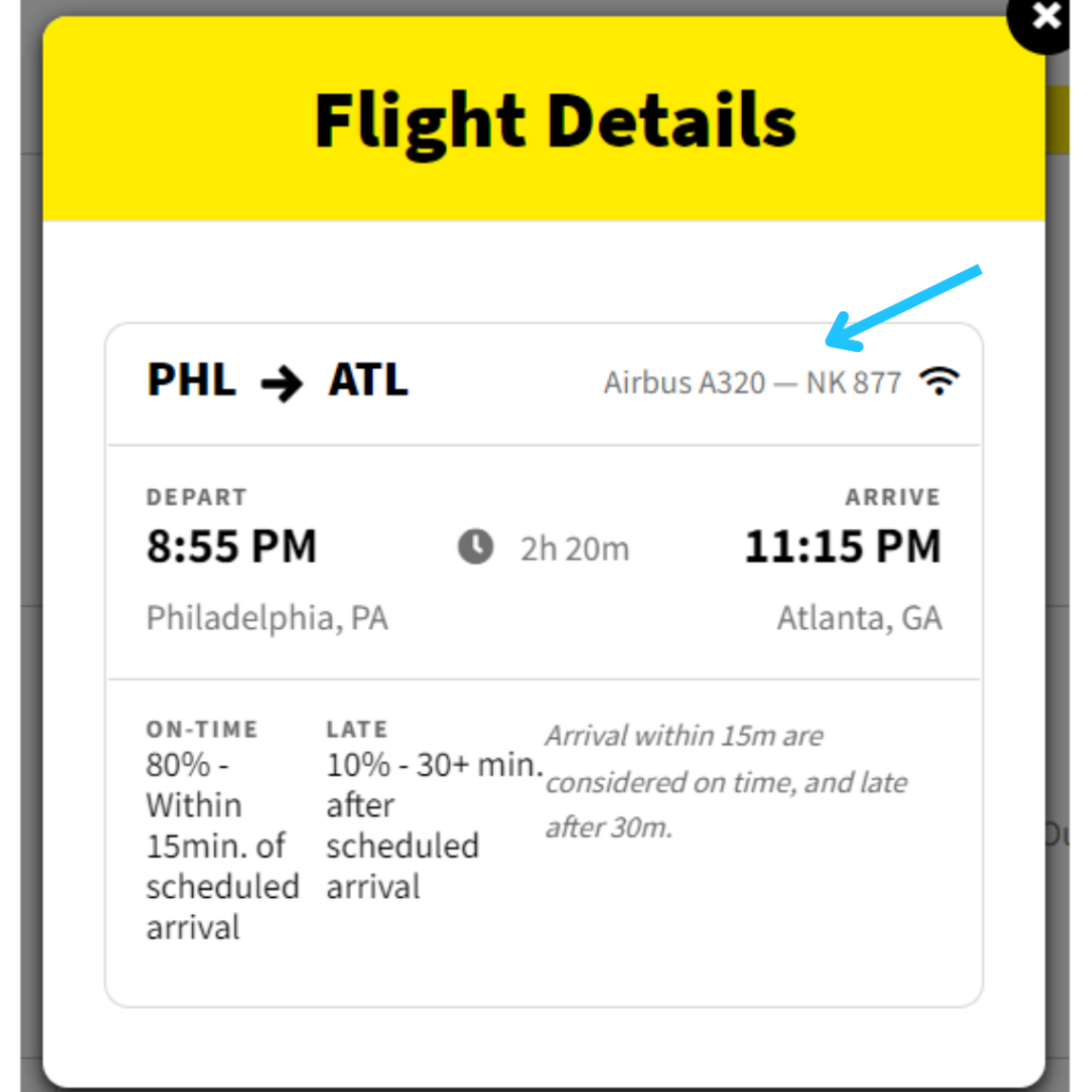 Spirit Airlines flight details with arrow pointing to aircraft for flight